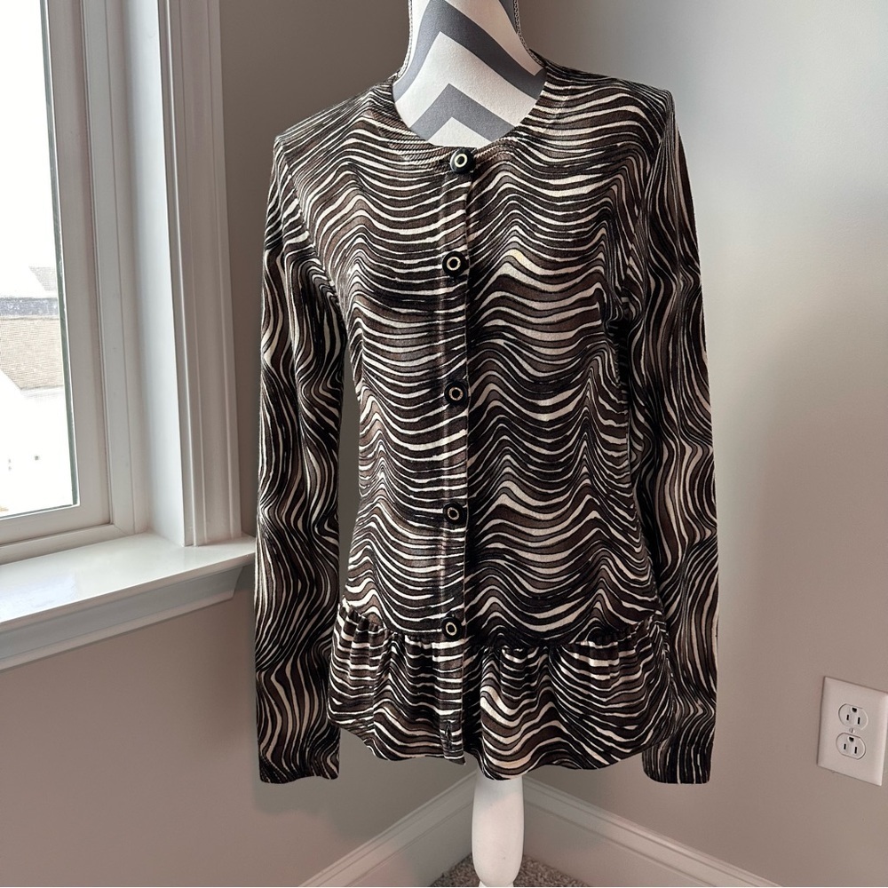 Tory Burch 100% Merino Wool Zebra Animal Print Peplum Cardigan Large Tan Brown